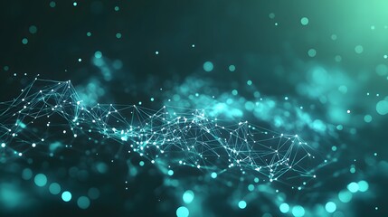 Abstract futuristic network of glowing dots and lines on a dark background, representing technology connection and data transmission.