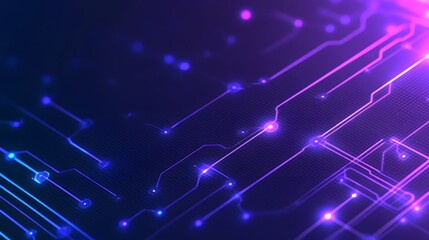Abstract futuristic technology background with glowing neon lines and dots, representing a digital circuit and data flow.