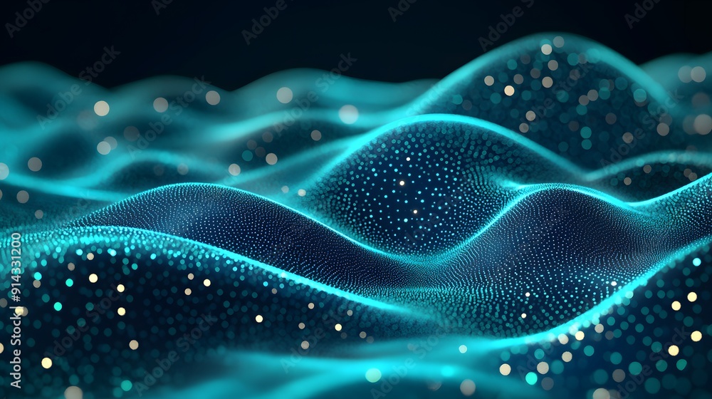 Poster abstract glowing blue waveforms with tiny particles, creating a futuristic and dynamic background fo