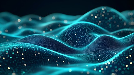 Abstract glowing blue waveforms with tiny particles, creating a futuristic and dynamic background for technology or science concepts.