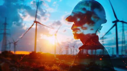 Silhouette of an engineer against a backdrop of wind turbines, symbolizing renewable energy and sustainable development.