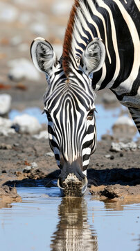 Plains zebra Equus quagga drinking at waterhole, side view