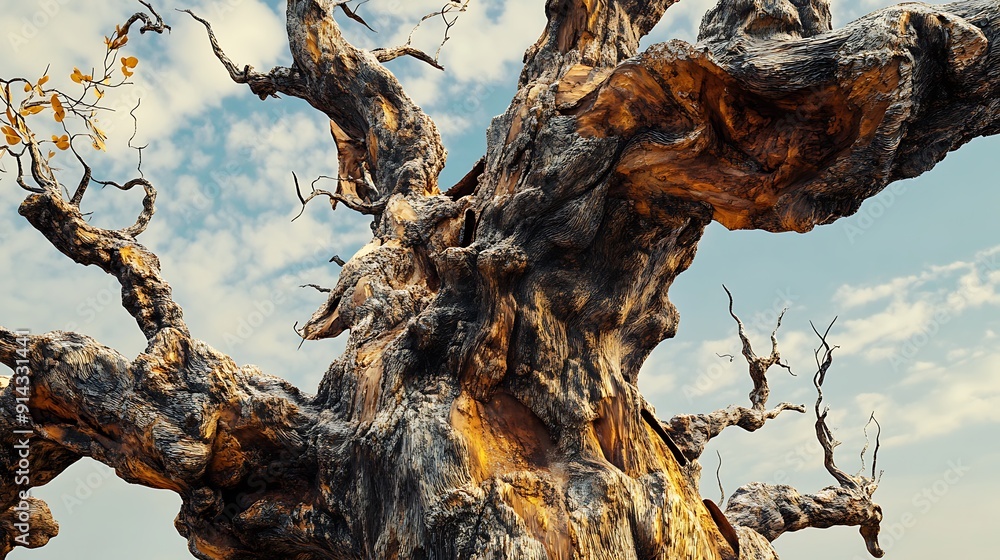 Poster closeup of a twisted and weathered tree trunk