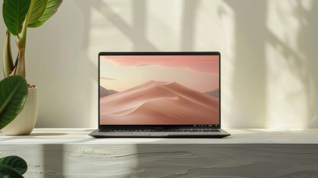 Laptop screen mockup with customizable display in an office setting.