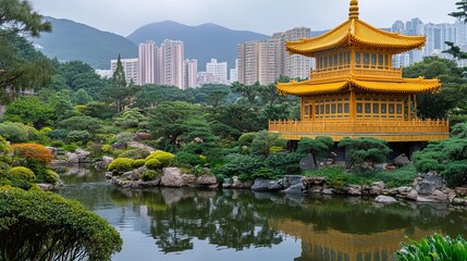 Obraz premium Hong kong, china - 25 november 2023 : Nan Lian garden, chinese classical garden, golden pavilion of perfection in nan lian garden, hong kong