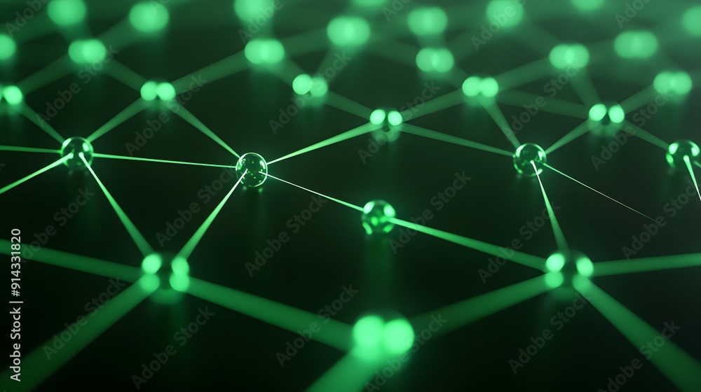 Poster abstract green digital network, glowing nodes and connections. futuristic blockchain and artificial 