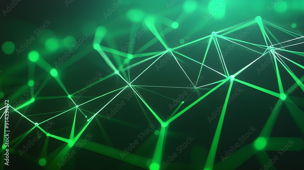 Poster abstract green digital network connection background with glowing dots and lines representing data, 
