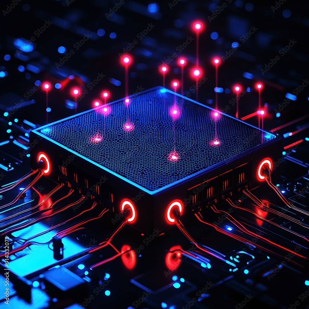 Aufkleber futuristic computer chip with glowing red lights and circuitry, symbolizing advanced technology and 