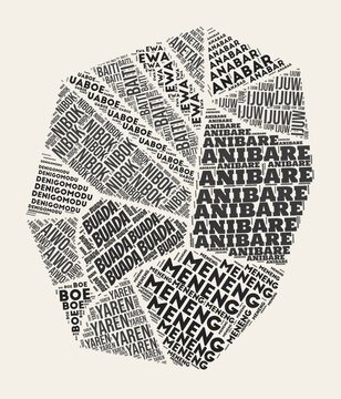 Nauru Word Cloud. Country with regions division. Nauru typographic text clouds vector image design. Vintage gazette style country shape image. Creative vector illustration.