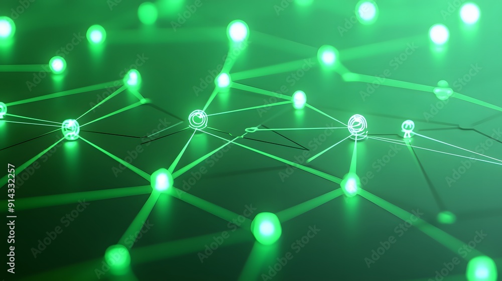 Poster abstract green network connection, futuristic technology background, glowing nodes and lines, digita