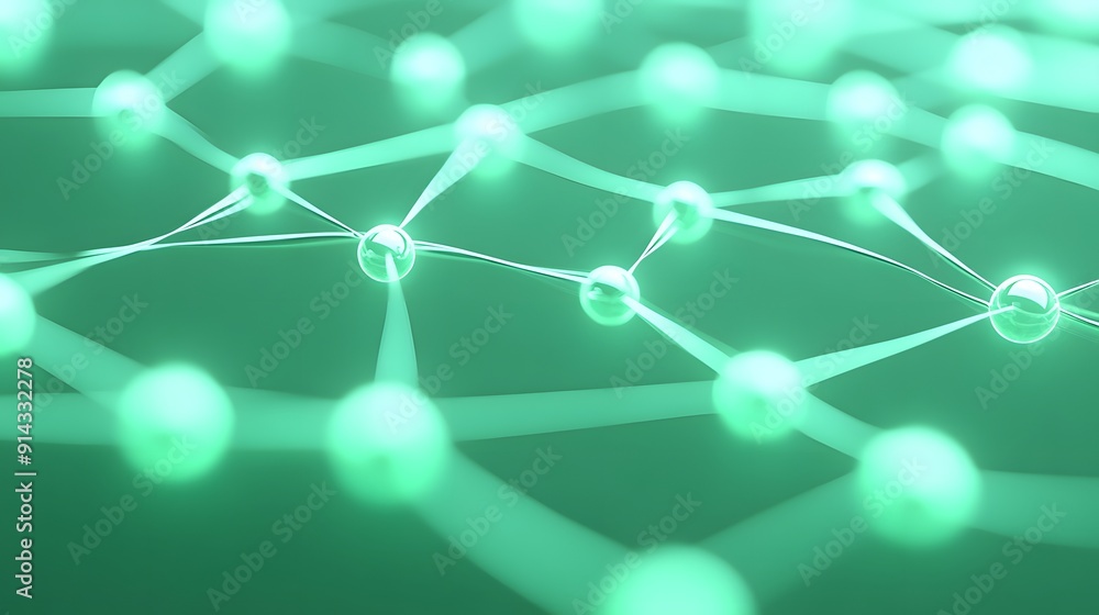 Poster abstract green network connections background, showcasing connected glowing nodes and lines for tech