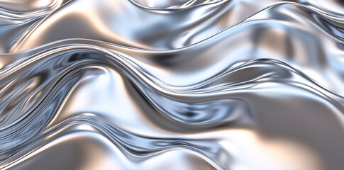 Abstract background of flowing liquid metal with smooth, reflective surfaces in silver tones.
