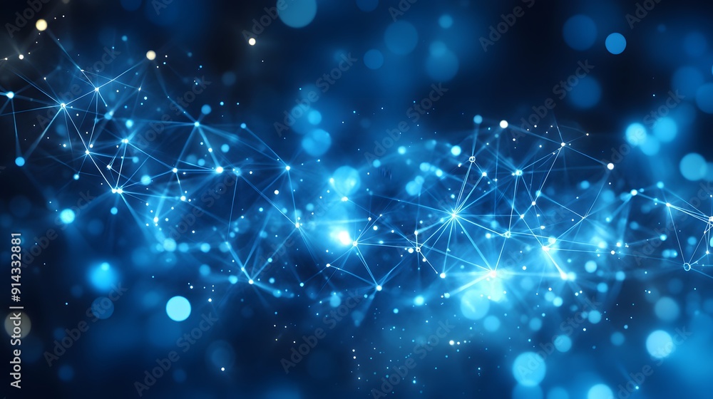 Poster abstract network connection background with glowing dots and lines on a blue backdrop, representing 