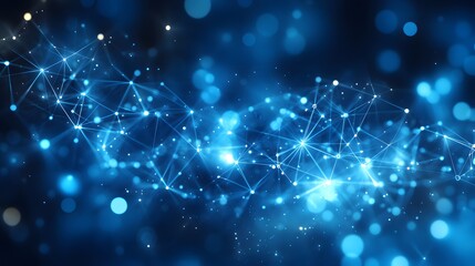 Abstract network connection background with glowing dots and lines on a blue backdrop, representing digital communication and technology.