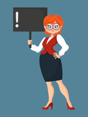 Beautiful woman in business clothes stands with a sign with an exclamation mark on an isolated background.