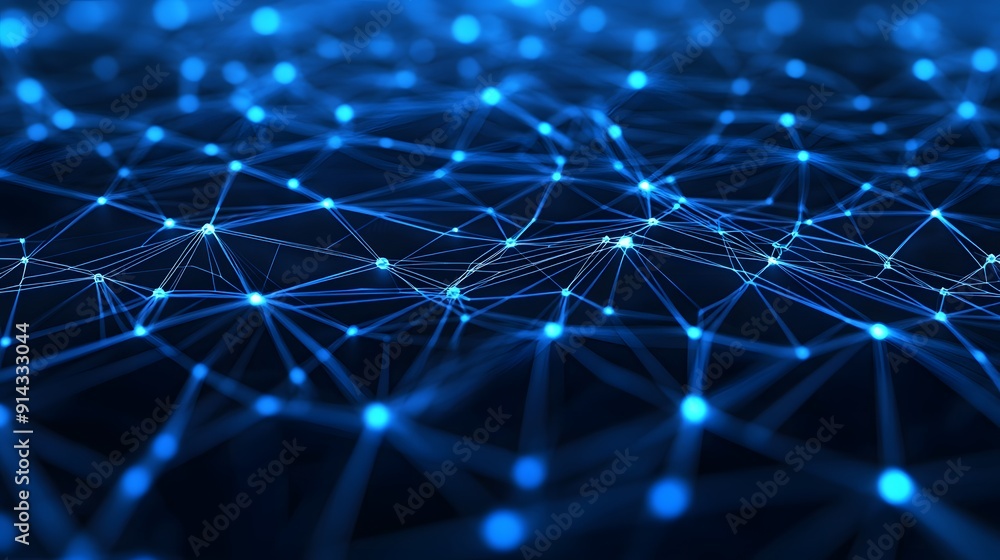 Poster abstract network of blue glowing nodes and lines depicting connections and data transfer, perfect fo
