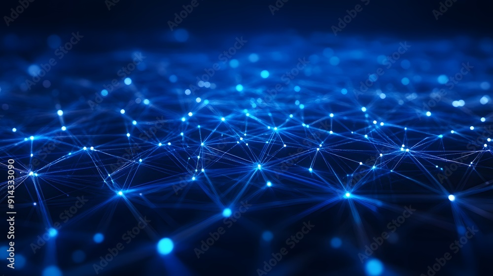 Poster abstract network of glowing blue lines and dots on a dark background illustrating connectivity, data