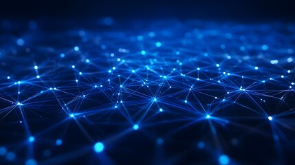 Obraz premium Abstract network of glowing blue lines and dots on a dark background illustrating connectivity, data flow, and digital communication.