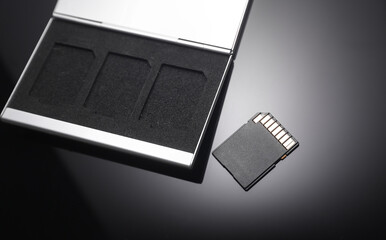 SD memory card with case on black background