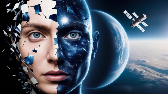 A Futuristic HumanAI Hybrid is depicted within a vast and captivating Cosmic Landscape