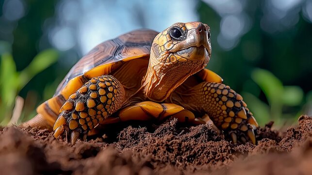 A detailed close-up of a turtle walking on soil, showcasing its vibrant shell and expressive features in a natural setting.