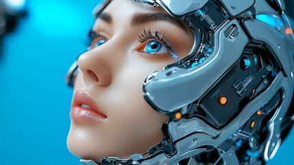 Fototapeta premium A futuristic close-up of a humanoid robot with striking blue eyes and metallic features, showcasing advanced technology in design.