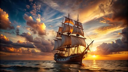 Fototapeta premium A Majestic Galleon Bathed in the Warm Glow of Sunset AI generated