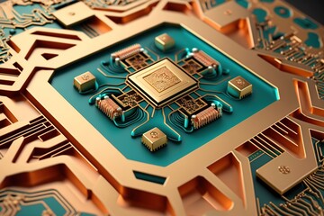 Close-up of a gold and green circuit board with a central processor.