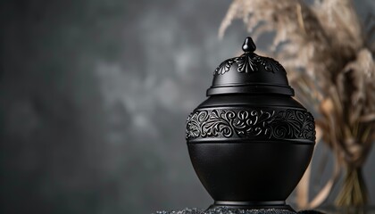 photo of an elegant black urn with ornate details, conveying a sense memorial, ideal for a banner