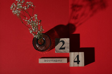 Wooden block calendar with the date November 24 and vase with flowers on a red background. Top view