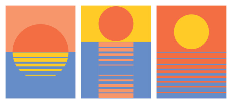 Set of 3 posters design in trendy 1970s retro line style. The sea sunset poster. Modern art poster retro vintage style 70s stripes background template lines shapes vector design