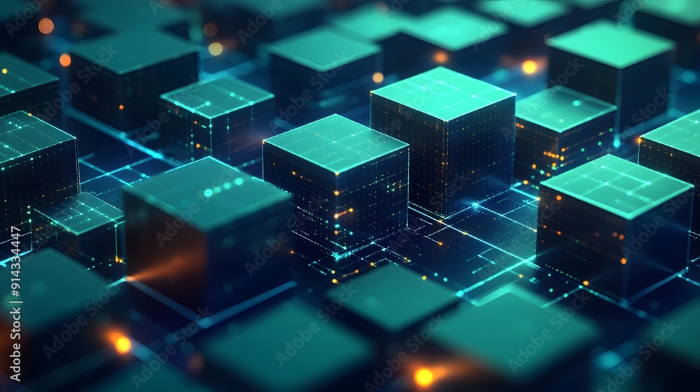 Poster futuristic digital blockchain concept with glowing cubes and grid pattern. perfect for technology an