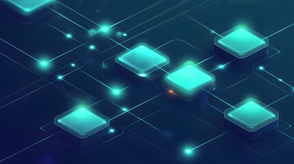 Obraz premium Futuristic digital blockchain concept with glowing blocks connected by lines, representing secure decentralized information storage.