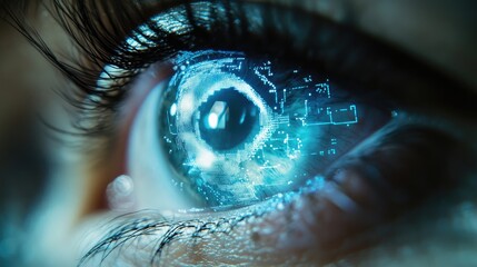 A Human Eye with a Digital Pattern Reflected in the Iris