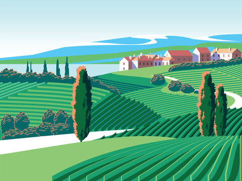Romantic rural landscape in sunny day with vineyards, farms, meadows, fields and trees in the background. Handmade drawing vector illustration. Flat design.