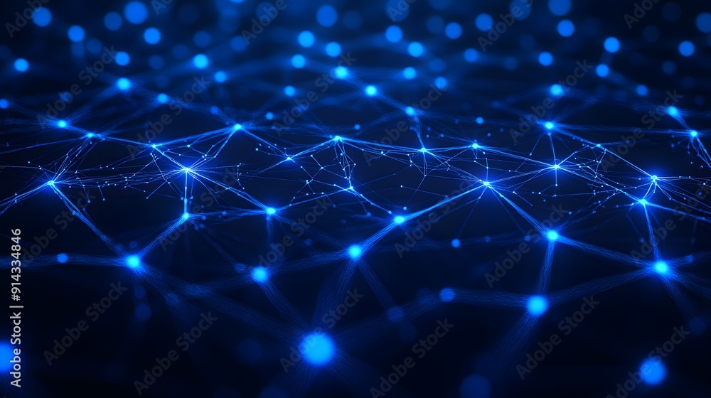 Poster futuristic digital network with glowing nodes and connections, representing data transfer and techno
