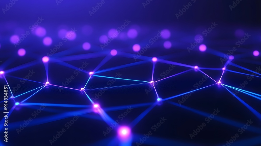 Poster futuristic digital network with glowing nodes and connections on a blue background, representing tec