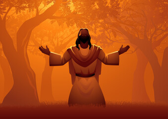 Jesus in prayer amongst the ancient olive trees of Gethsemane. Dramatic imagery captures the solemnity and serenity of this sacred moment, as Jesus prepares for the trials that lie ahead