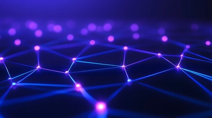 Obraz premium Futuristic digital network with glowing nodes and connections on a blue background, representing technology and data communication.