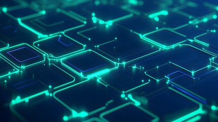 Obraz premium Futuristic digital pattern with glowing neon squares representing technology, data, and network concepts in a modern abstract background.