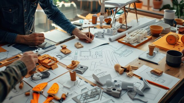 Two designers collaborate on a project, reviewing prototypes and sketches on a table filled with design elements.