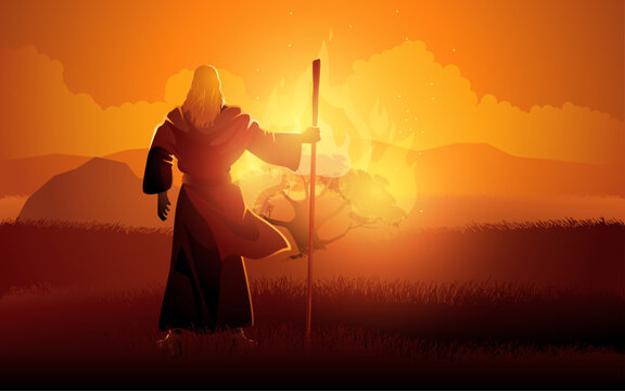 Biblical vector illustration series, Moses and the burning bush