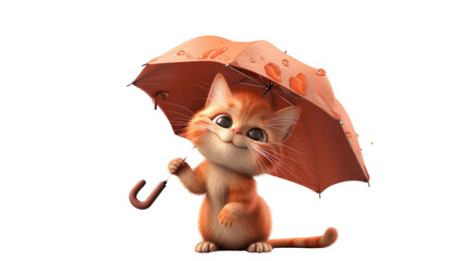 Cartoon baby cat holding an umbrella on transparent background