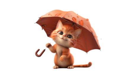 Cartoon baby cat holding an umbrella on transparent background