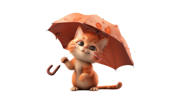 Cartoon baby cat holding an umbrella on transparent background