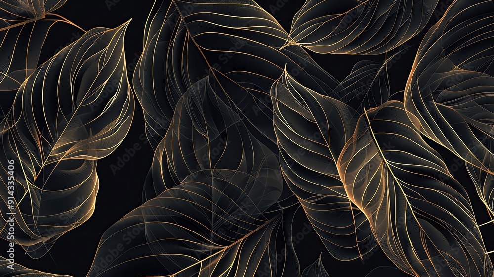 Poster elegant translucent leaves with subtle golden outlines, creating a stunning pattern against a dark b