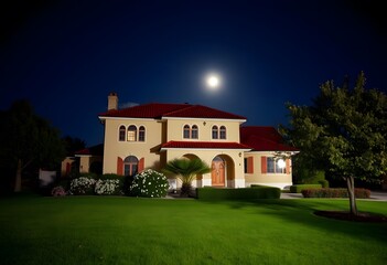 Fototapeta premium A large two-story Victorian-style house with a wrap-around porch, dormers, and multiple chimneys surrounded by trees and a well-manicured lawn