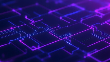 Obraz premium Futuristic neon glowing circuit board design in deep blue and purple hues, showcasing a digital technology concept.