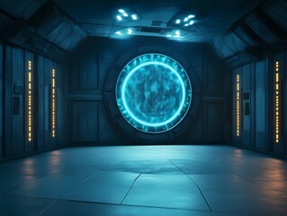 A futuristic portal glows blue in a metallic corridor, inviting exploration and travel.