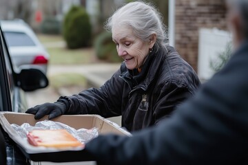 Elderly Woman Delivering Homemade Food to Neighbors During Cold Winter Day